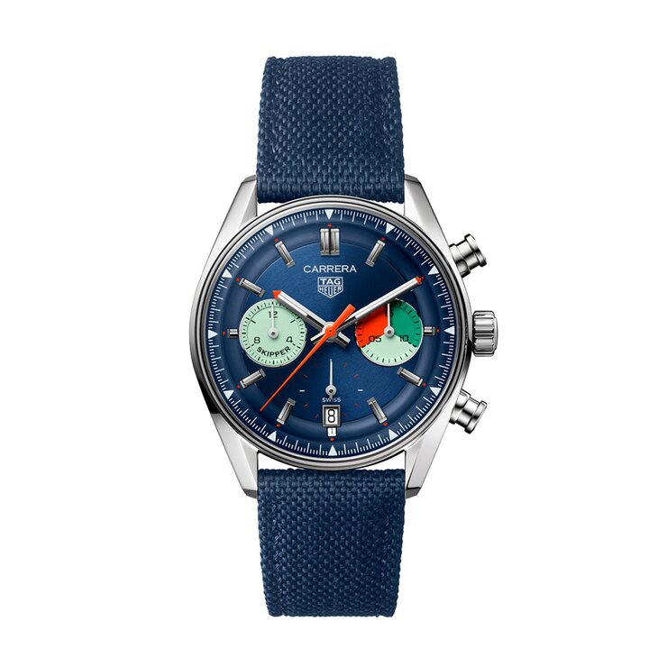 TAG Heuer horloge met een kast in staal, met een wijzerplaat in het blauw en een diameter van 39