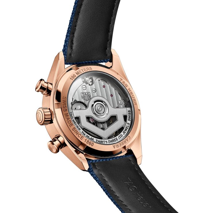 TAG Heuer horloge met een kast in rosé goud, met een wijzerplaat in het blauw en een diameter van 39