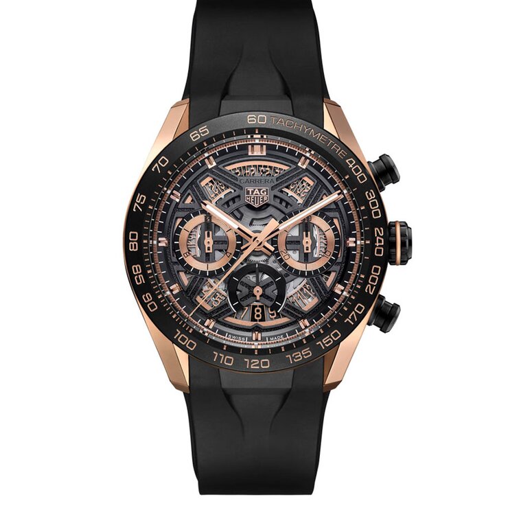 TAG Heuer horloge met een kast in rosé goud, met een wijzerplaat in het zwart en een diameter van 44
