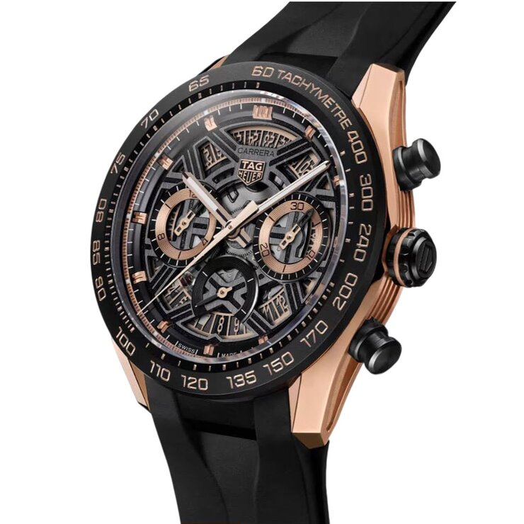 TAG Heuer horloge met een kast in rosé goud, met een wijzerplaat in het zwart en een diameter van 44