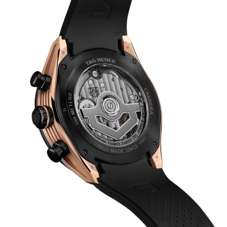 TAG Heuer horloge met een kast in rosé goud, met een wijzerplaat in het zwart en een diameter van 44