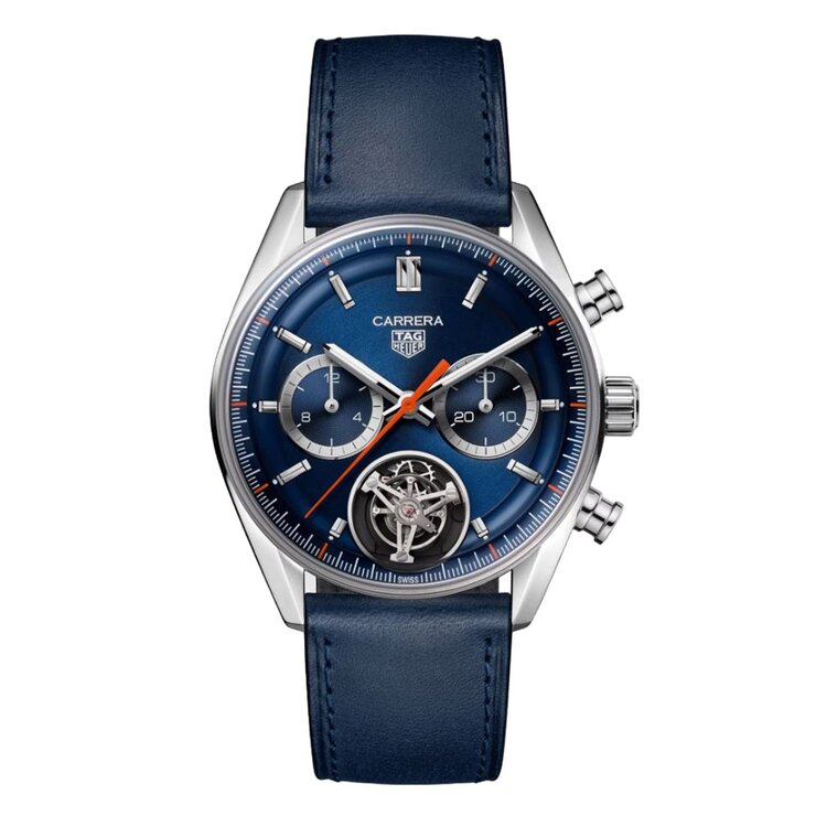 TAG Heuer horloge met een kast in staal, met een wijzerplaat in het blauw en een diameter van 42