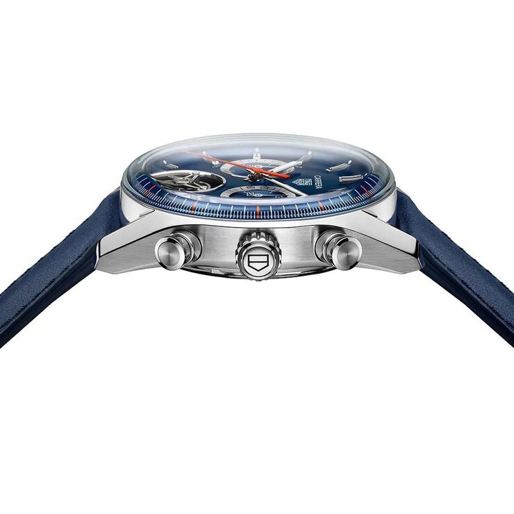 TAG Heuer horloge met een kast in staal, met een wijzerplaat in het blauw en een diameter van 42