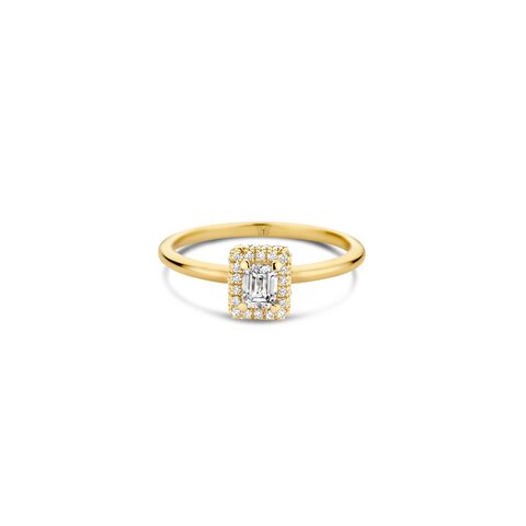 bague de fiançailles The Exclusive Collection en or jaune 18 ct avec diamant emeraude de 0.30 carat comme pierre principale entouré de briljants de 0,17 karaat