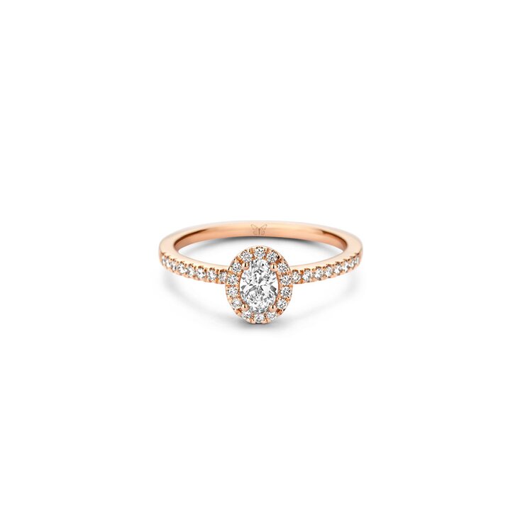 The Exclusive Collection verlovingsring in rosé goud 18kt met ovalen diamant van 0,30 karaat als hoofdsteen omringd door briljanten van 0,24 karaat