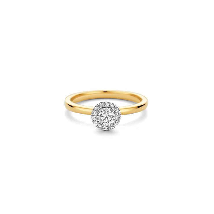 The Exclusive Collection verlovingsring in geel goud 18kt met briljant (ronde diamant) van 0,32 karaat als hoofdsteen omringd door briljanten van 0,09 karaat