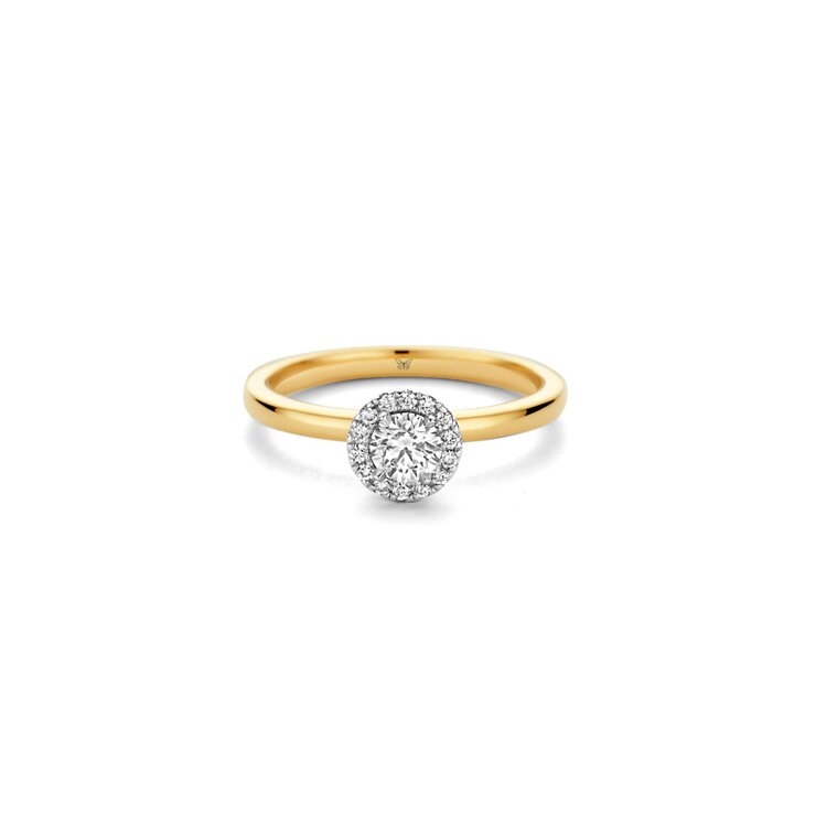 The Exclusive Collection verlovingsring in geel goud 18kt met briljant (ronde diamant) van 0,32 karaat als hoofdsteen omringd door briljanten van 0,09 karaat