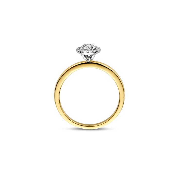 The Exclusive Collection verlovingsring in geel goud 18kt met briljant (ronde diamant) van 0,32 karaat als hoofdsteen omringd door briljanten van 0,09 karaat