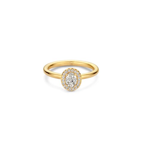 bague de fiançailles The Exclusive Collection en or jaune 18 ct avec diamant ovale de 0.51 carat comme pierre principale entouré de briljants de 0,20 karaat