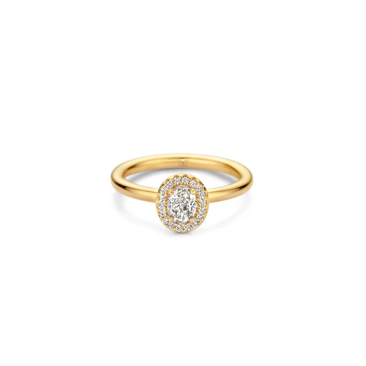 The Exclusive Collection verlovingsring in geel goud 18kt met ovalen diamant van 0,51 karaat als hoofdsteen omringd door briljanten van 0,20 karaat