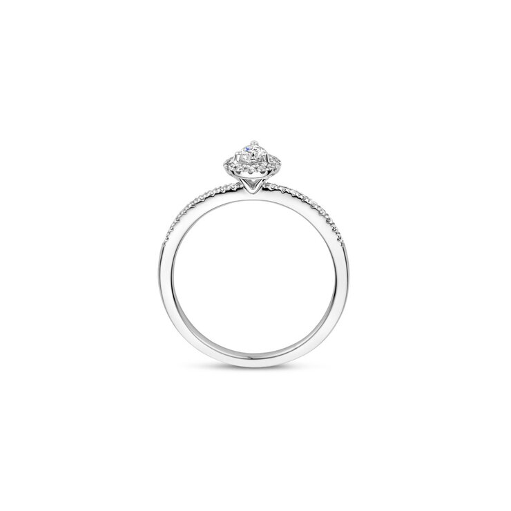 The Exclusive Collection verlovingsring in wit goud 18kt met peervormige diamant van 0,21 karaat als hoofdsteen omringd door briljanten van 0,16 karaat