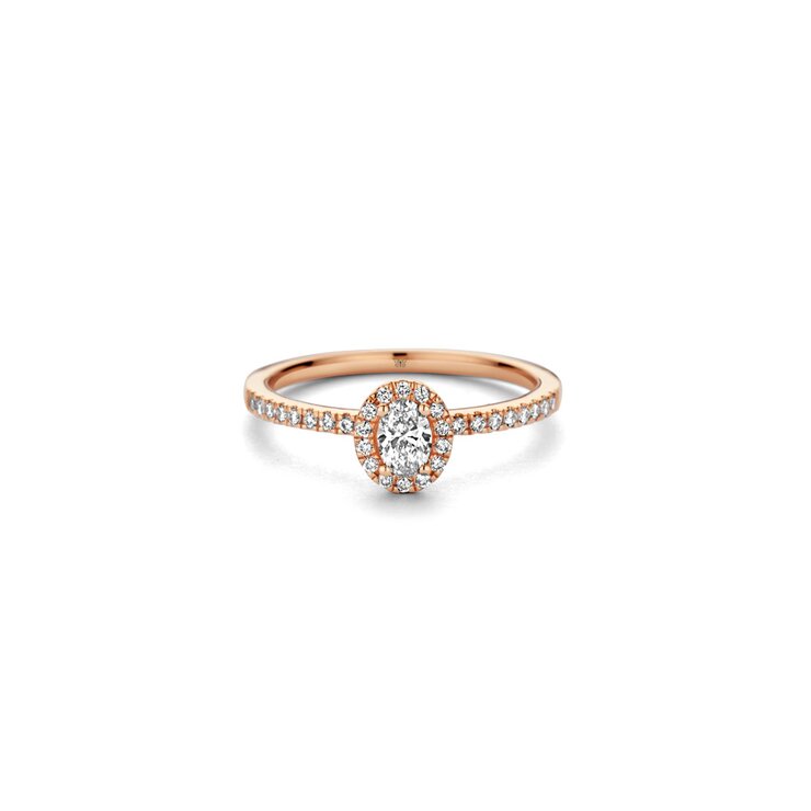bague de fiançailles The Exclusive Collection en or rose 18 ct avec diamant ovale de 0.22 carat comme pierre principale entouré de briljants de 0,21 karaat