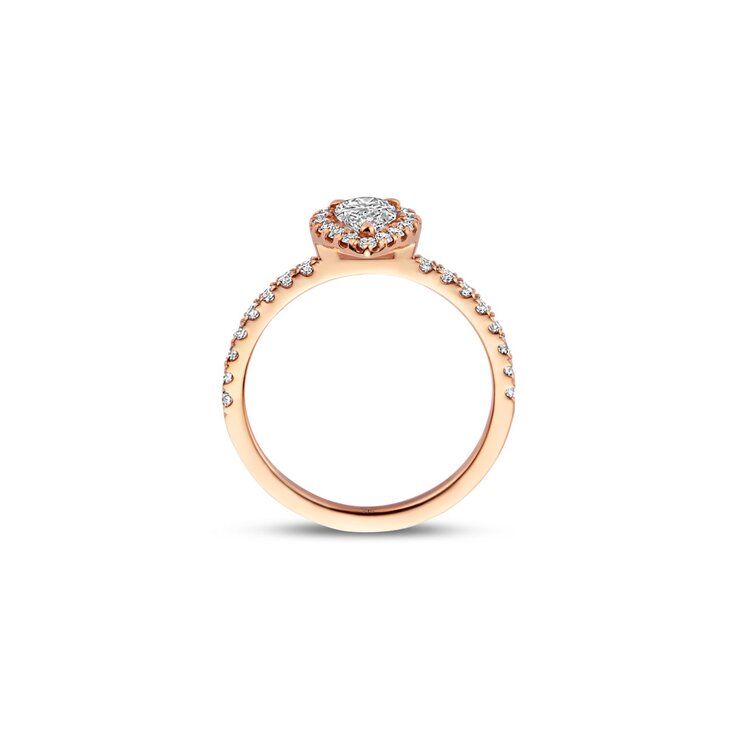 The Exclusive Collection verlovingsring in rosé goud 18kt met peervormige diamant van 0,41 karaat als hoofdsteen omringd door briljanten van 0,40 karaat