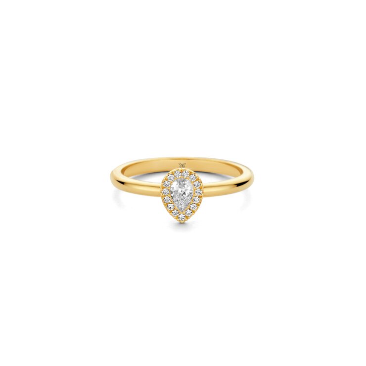 The Exclusive Collection verlovingsring in geel goud 18kt met peervormige diamant van 0,18 karaat als hoofdsteen omringd door briljanten van 0,06 karaat