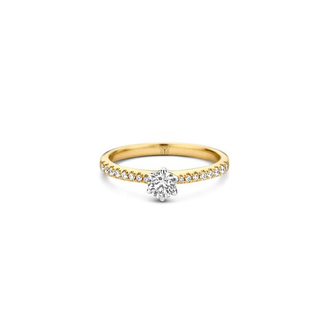 bague de fiançailles The Exclusive Collection en or jaune 18 ct avec brillant (diamant rond) de 0.31 carat comme pierre principale entouré de briljants de 0,15 karaat