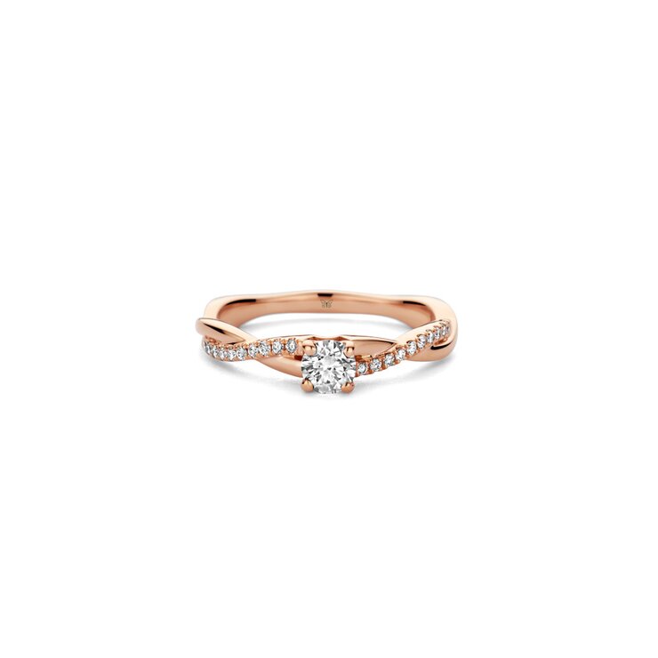 bague de fiançailles The Exclusive Collection en or rose 18 ct avec brillant (diamant rond) de 0.25 carat comme pierre principale entouré de briljants de 0,10 karaat