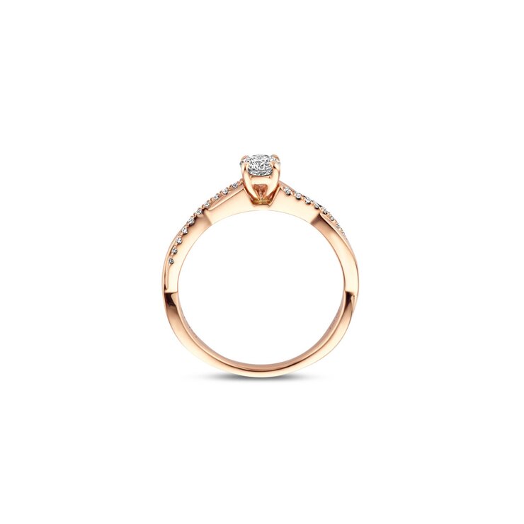 The Exclusive Collection verlovingsring in rosé goud 18kt met briljant (ronde diamant) van 0,25 karaat als hoofdsteen omringd door briljanten van 0,10 karaat