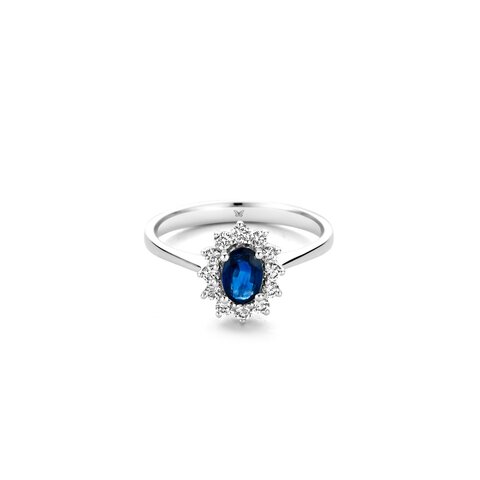 bague de fiançailles The Exclusive Collection en or blanc 18 ct avec saphir ovale comme pierre principale entouré de briljants de 0,27 karaat