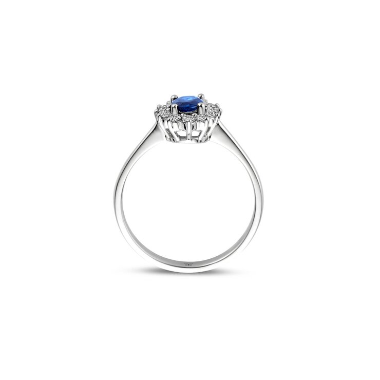 The Exclusive Collection verlovingsring in wit goud 18kt met ovalen saffier als hoofdsteen omringd door briljanten van 0,27 karaat