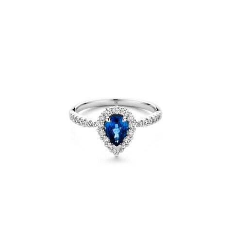 bague de fiançailles The Exclusive Collection en or blanc 18 ct avec saphir en forme de poire comme pierre principale entouré de briljants de 0,34 karaat