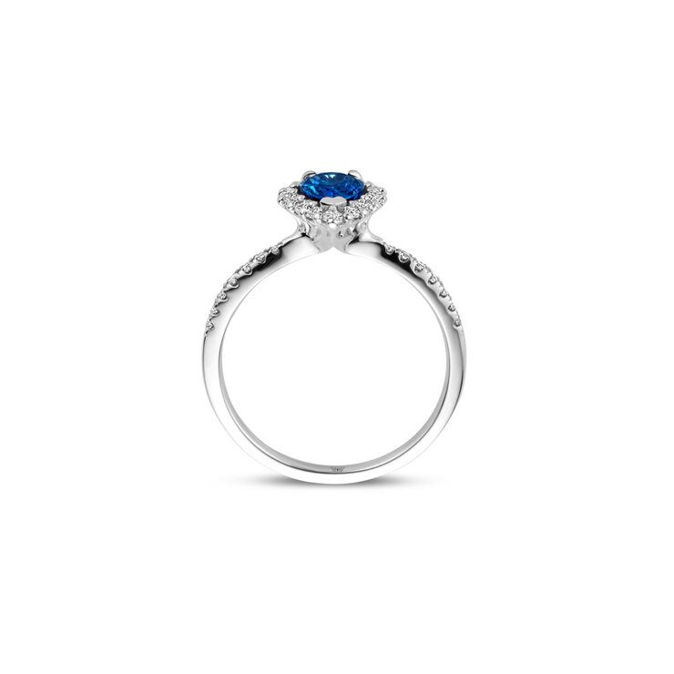 The Exclusive Collection verlovingsring in wit goud 18kt met peervormige saffier als hoofdsteen omringd door briljanten van 0,35 karaat