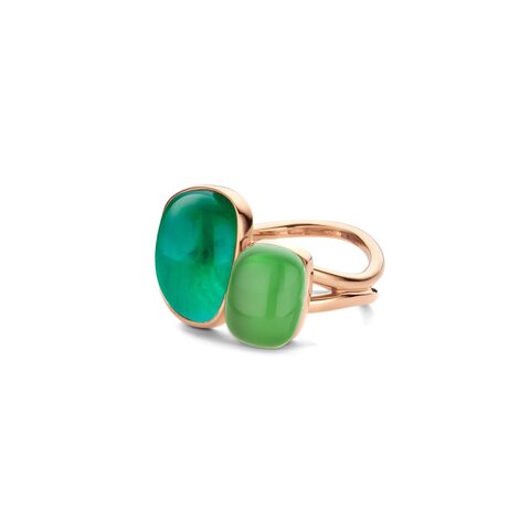 bague Bigli en or rose 18 ct avec cristal de roche & émeraut et quartz limoen & groene aventurijn