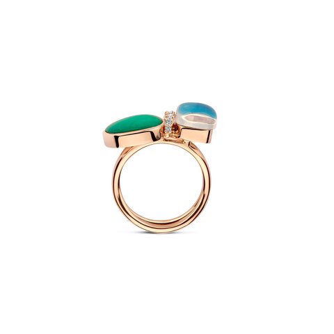 bague Bigli en or rose 18 ct avec emeraude et apatite entouré de briljants de 0,16 karaat