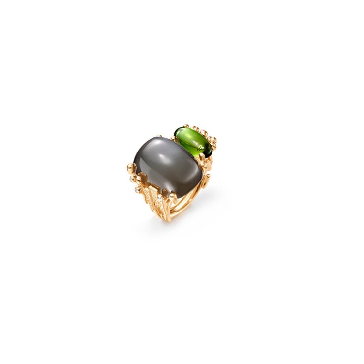 bague Ole Lynggaard en or jaune 18 ct avec pierre de lune et tourmaline entouré de briljants de 0,04 karaat