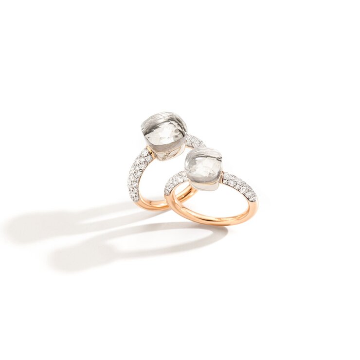 Pomellato ring in rosé goud 18kt met topaas incoloré omringd door briljanten van 0,74 karaat