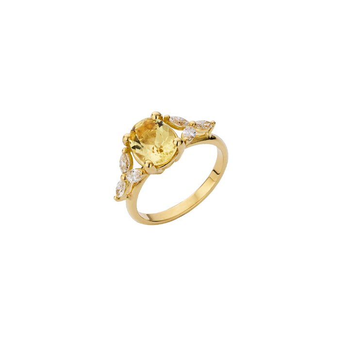 bague de fiançailles Atelier P. en or jaune 18 ct avec béryl entouré de briljants de 0,36 karaat