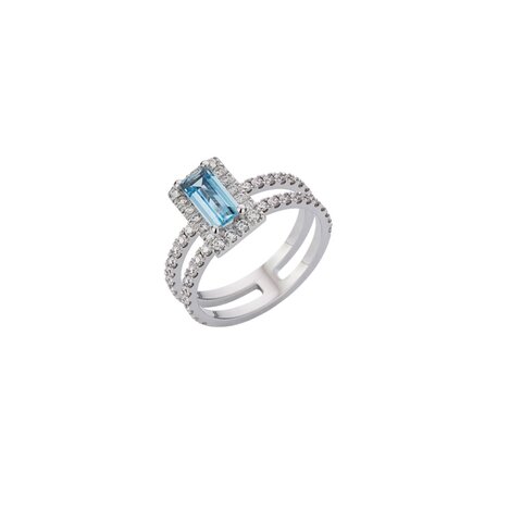 bague de fiançailles Atelier P. en or blanc 18 ct avec aquamarine entouré de briljants de 0,75 karaat