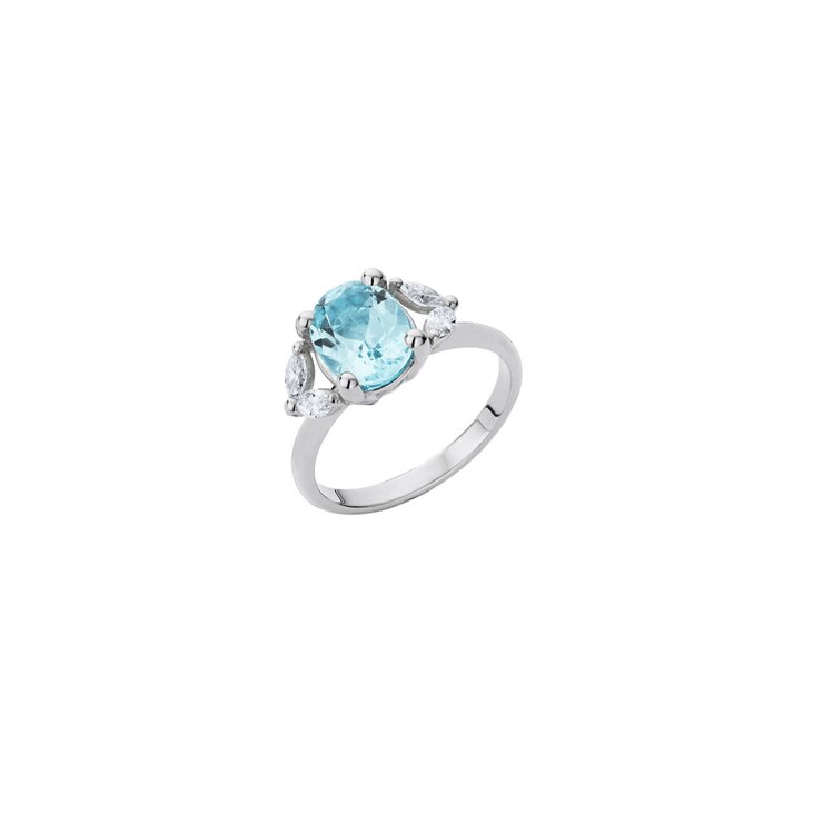 bague de fiançailles Atelier P. en or blanc 18 ct avec aquamarine entouré de briljants de 0,26 karaat