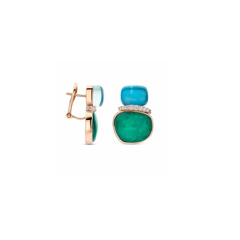 boucles d'oreilles Bigli en or rose 18 ct avec emeraude et apatite entouré de briljants de 0,32 karaat