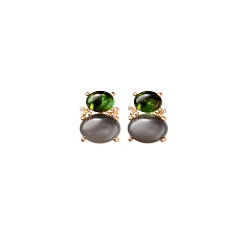 boucles d'oreilles Ole Lynggaard en or jaune 18 ct avec pierre de lune et tourmaline entouré de briljants de 0,01 karaat