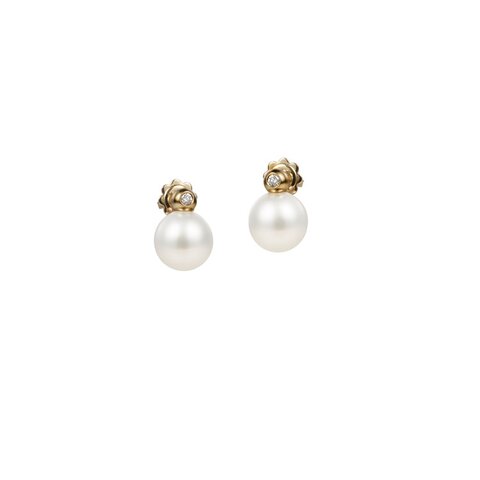 boucles d'oreilles Utopia en or jaune 18 ct avec perles entouré de briljants de 0,07 karaat