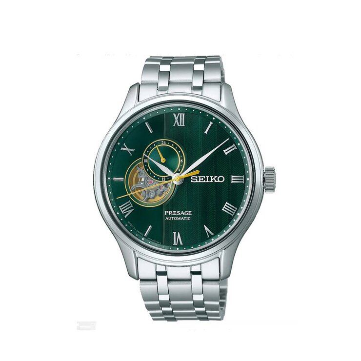 Seiko horloge met een kast in staal, met een wijzerplaat in het groen en een diameter van 42