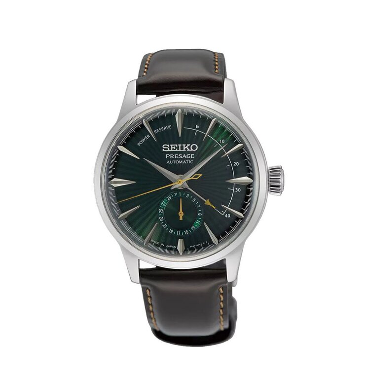 Seiko horloge met een kast in staal, met een wijzerplaat in het groen en een diameter van 40,5