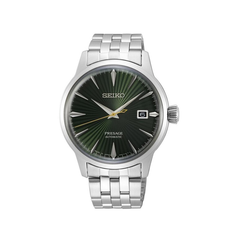 Seiko horloge met een kast in staal, met een wijzerplaat in het groen en een diameter van 40,5