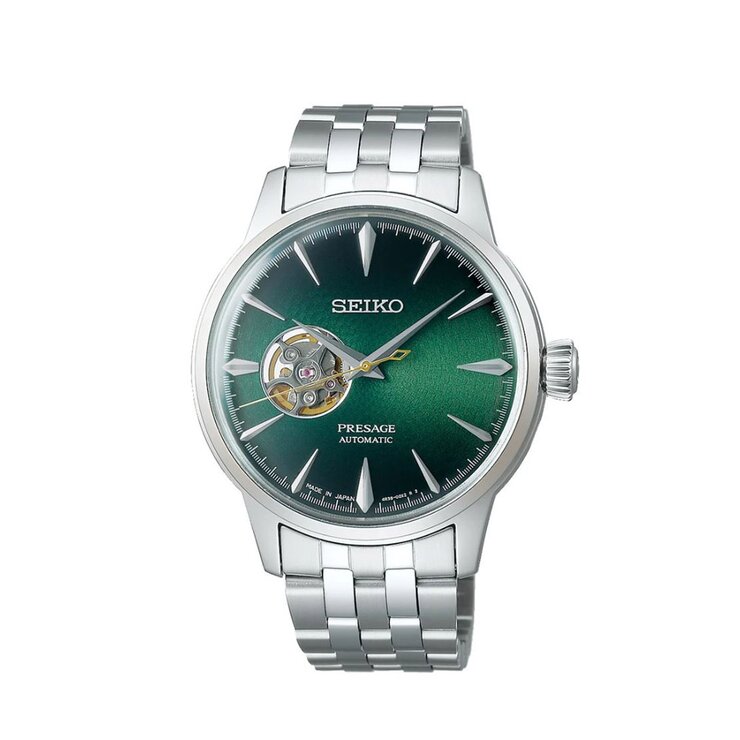 Seiko horloge met een kast in staal, met een wijzerplaat in het groen en een diameter van 40,5