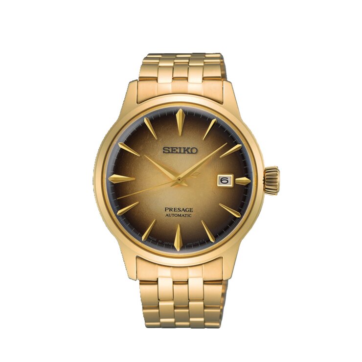 Seiko horloge met een kast in gele pvd-coating, met een wijzerplaat in het bruin en een diameter van 40,5