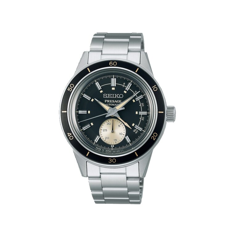 montre Seiko avec un boîtier en acier, un cadran noir et un diamètre de 41