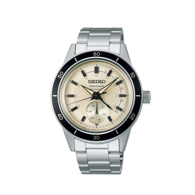 montre Seiko avec un boîtier en acier, un cadran beige et un diamètre de 41