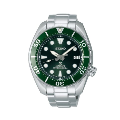 Seiko horloge met een kast in staal, met een wijzerplaat in het groen en een diameter van 45 mm