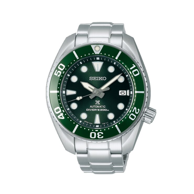 montre Seiko avec un boîtier en acier, un cadran vert et un diamètre de 45