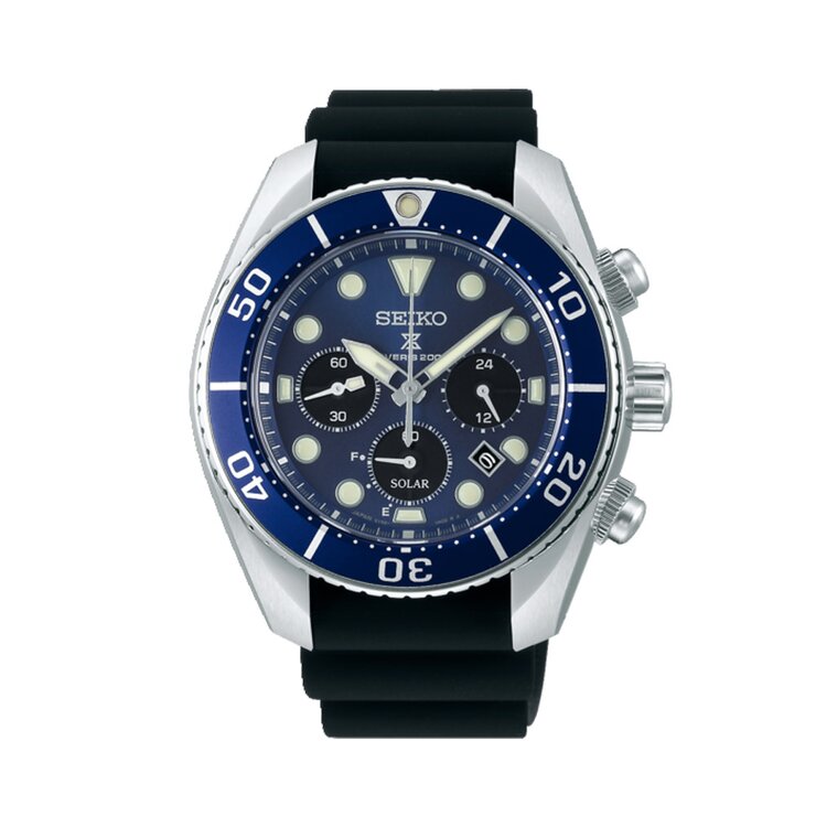 Seiko horloge met een kast in staal, met een wijzerplaat in het blauw en een diameter van 44,5