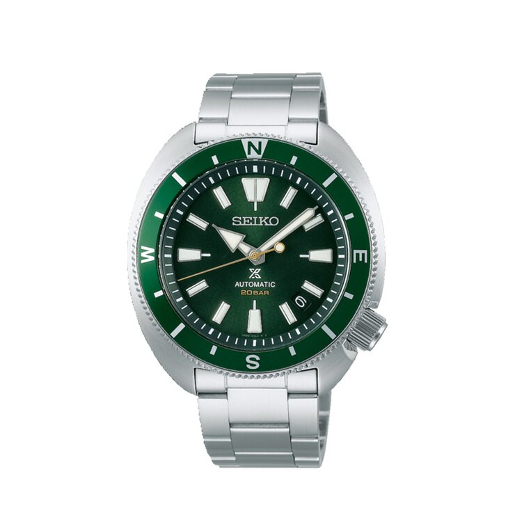 Seiko horloge met een kast in staal, met een wijzerplaat in het groen en een diameter van 42