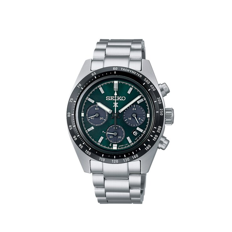 montre Seiko avec un boîtier en acier, un cadran vert et un diamètre de 39