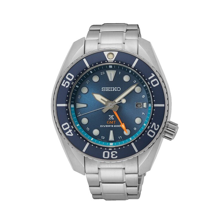 Seiko horloge met een kast in staal, met een wijzerplaat in het blauw en een diameter van 45