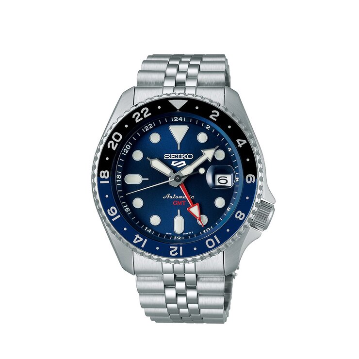Seiko horloge met een kast in staal, met een wijzerplaat in het blauw en een diameter van 42,5