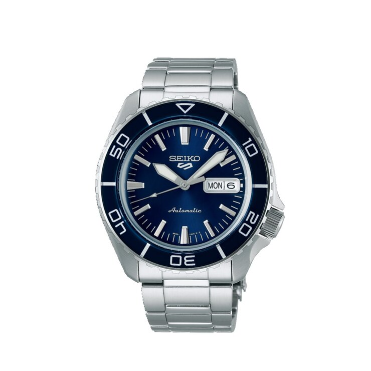 Seiko horloge met een kast in staal, met een wijzerplaat in het blauw en een diameter van 42,5